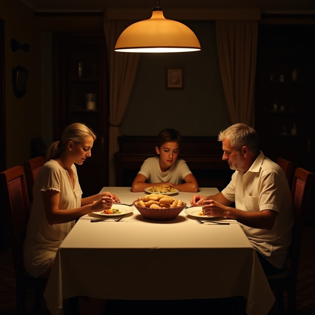 Famiglia a cena con un silenzio evidente tra i componenti