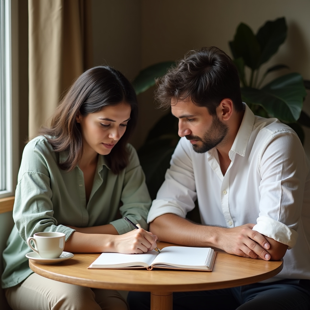 Coppia che discute serenamente di finanze domestiche