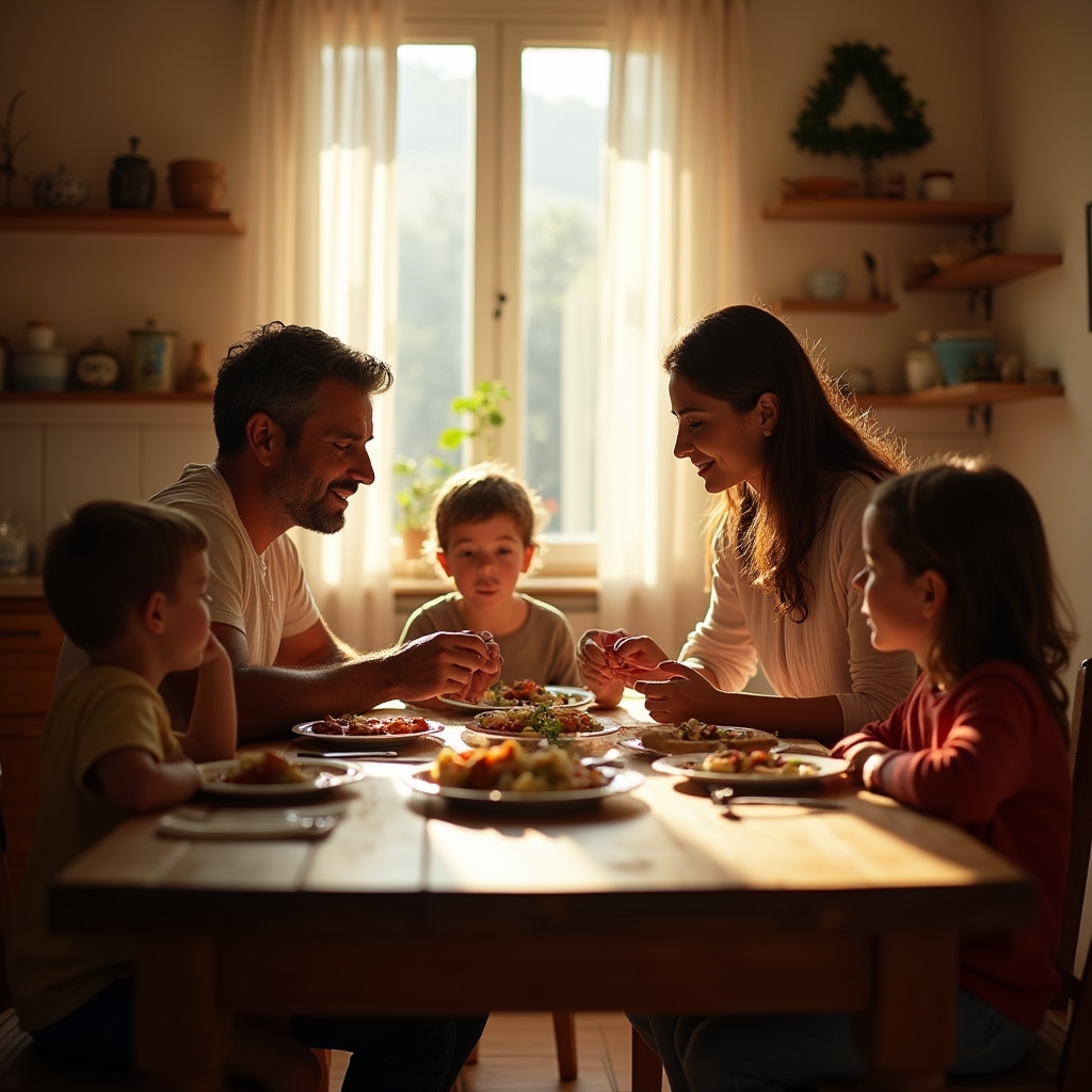 Famiglia seduta a tavola che conversa serenamente