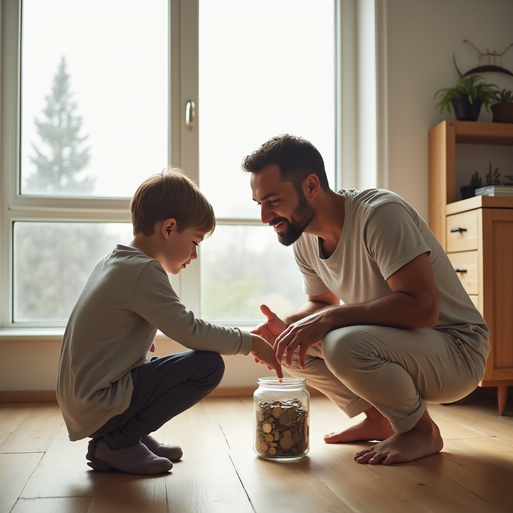 Genitore che spiega il valore del denaro a un figlio